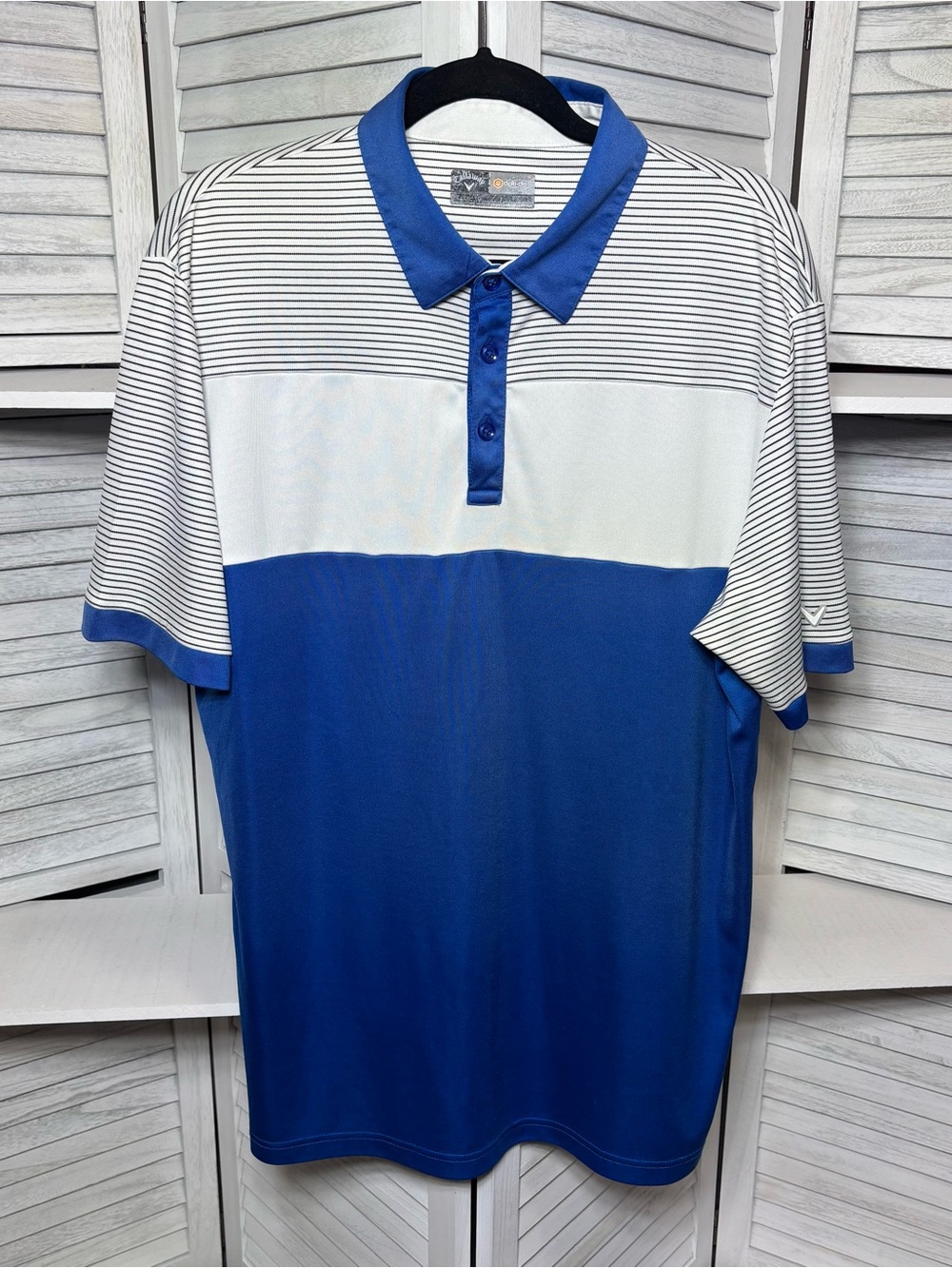 Callaway Opti-Dri Blue White Striped Colorblock Golf Polo Shirt Men's XL